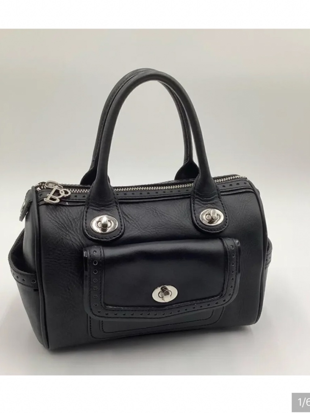 Bolzano Italy black leather turn lock Boston satchel bag